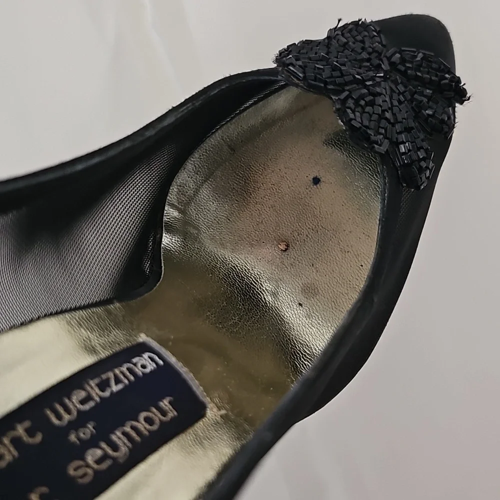 Vintage Stuart Weitzman for Mr. Seymour black satin mesh beaded pumps 8.5